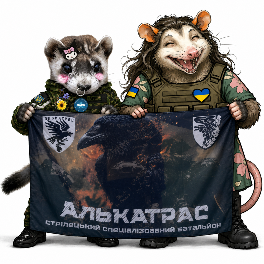 Julia and April's community characters holding the Alcatraz Battalion flag